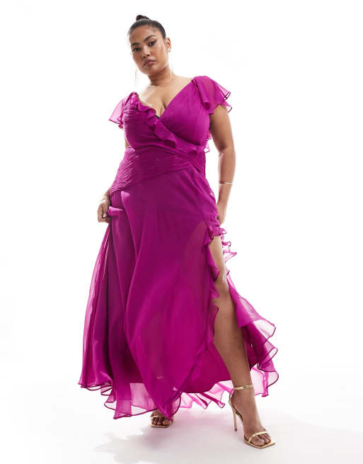 ASOS DESIGN Curve - Vestito lungo a portafoglio con volant e spacco viola