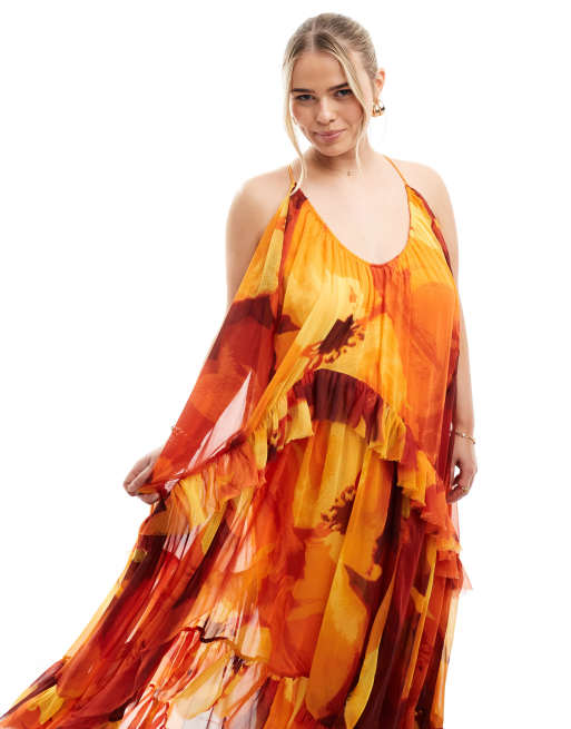 ASOS DESIGN Curve - Vestito lungo a trapezio con scollo rotondo e volant a fiori , 4 di 4