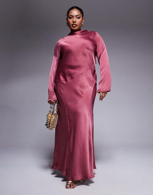 ASOS DESIGN Curve - Vestito lungo accollato in raso rosa polvere con cuciture