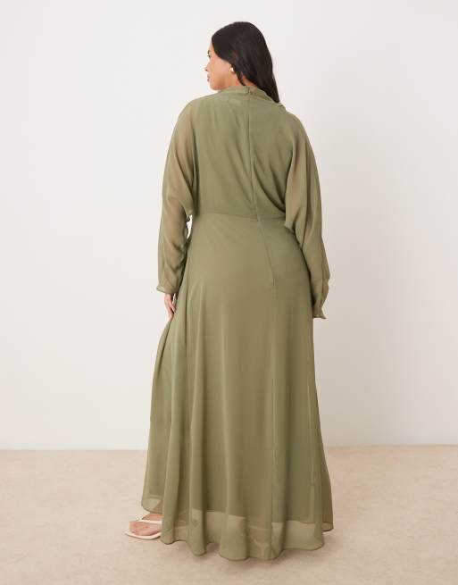 ASOS DESIGN Curve - Vestito lungo accollato kaki, 2 di 4