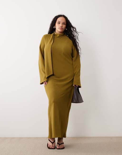 ASOS DESIGN Curve - Vestito lungo accollato verde oliva con dettaglio foulard