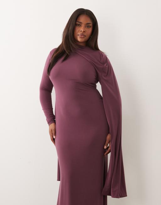 ASOS DESIGN Curve - Vestito lungo aderente a maniche lunghe color malva con mantella ampia, 2 di 4