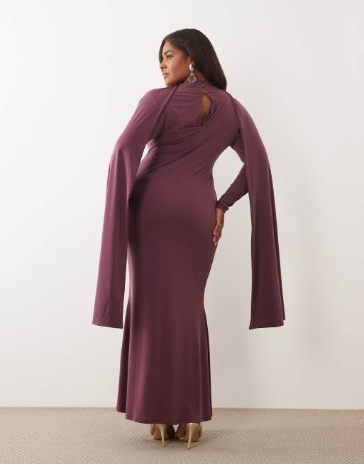 ASOS DESIGN Curve - Vestito lungo aderente a maniche lunghe color malva con mantella ampia, 4 di 4
