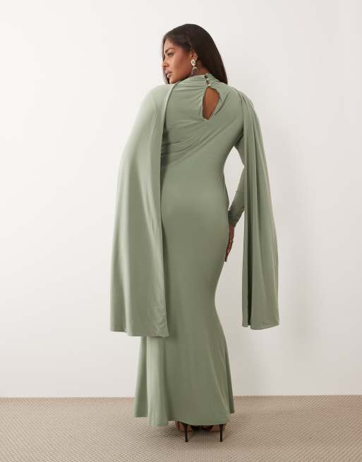 ASOS DESIGN Curve - Vestito lungo aderente a maniche lunghe verde salvia con mantella ampia, 3 di 4