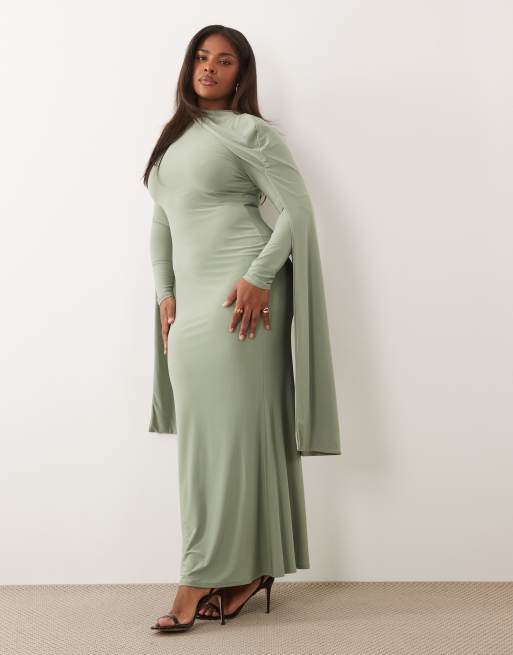 ASOS DESIGN Curve - Vestito lungo aderente a maniche lunghe verde salvia con mantella ampia, 4 di 4