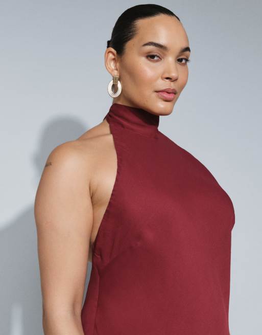 ASOS DESIGN Curve - Vestito lungo allacciato al collo color bacca, 4 di 4