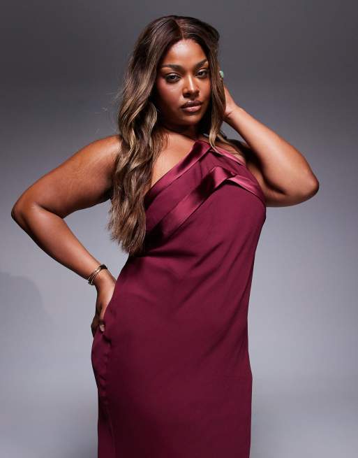 ASOS DESIGN Curve - Vestito lungo allacciato al collo con nastri in raso bordeaux, 2 di 4