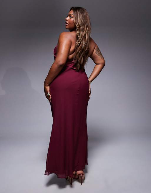 ASOS DESIGN Curve - Vestito lungo allacciato al collo con nastri in raso bordeaux, 4 di 4