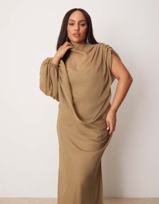 ASOS DESIGN Curve - Vestito lungo asimmetrico accollato con corpino drappeggiato con cut-out color talpa