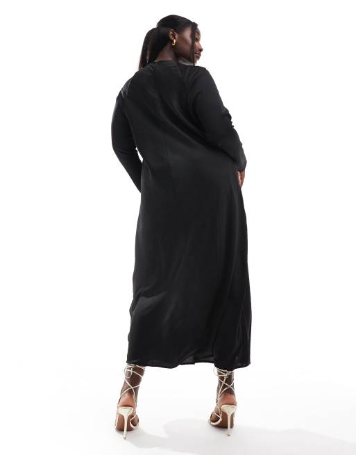 ASOS DESIGN Curve - Vestito lungo asimmetrico in raso nero con bottoni, 3 di 4