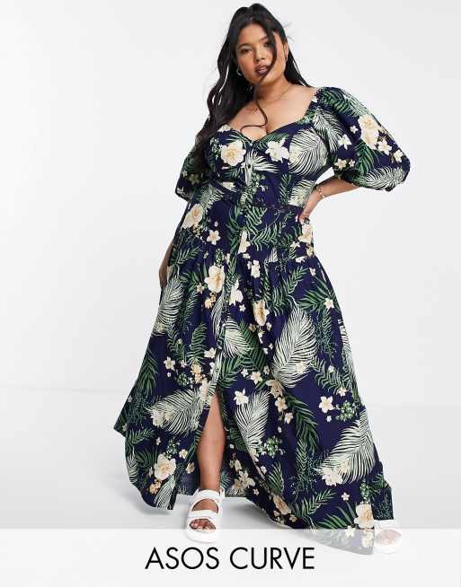ASOS DESIGN Curve - Vestito lungo blu navy a fiori con nervature e inserto in pizzo