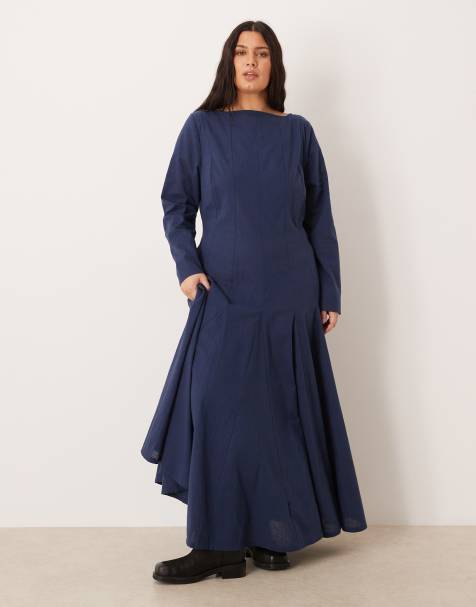 ASOS DESIGN Curve - Vestito lungo blu navy con scollo a barchetta e gonna a ruota - view 1