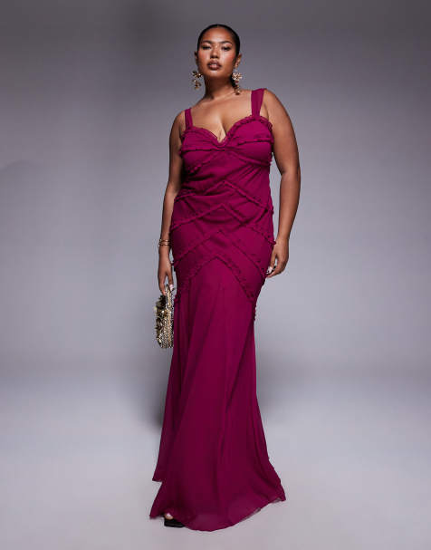 ASOS DESIGN Curve - Vestito lungo color lampone con spalline sottili e volant - view 1