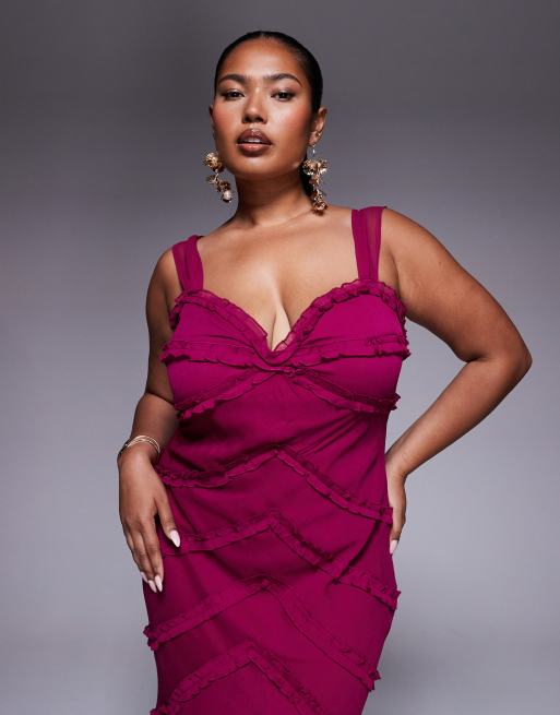 ASOS DESIGN Curve - Vestito lungo color lampone con spalline sottili e volant, 2 di 4