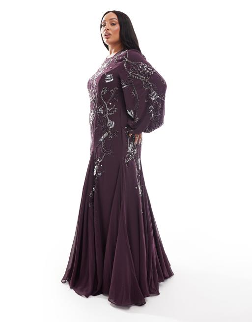 ASOS DESIGN Curve - Vestito lungo color prugna decorato con gonna godet e maniche a palloncino