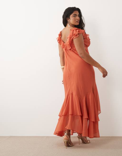 ASOS DESIGN Curve - Vestito lungo color terracotta con maniche con volant e fondo a sirena, 4 di 4