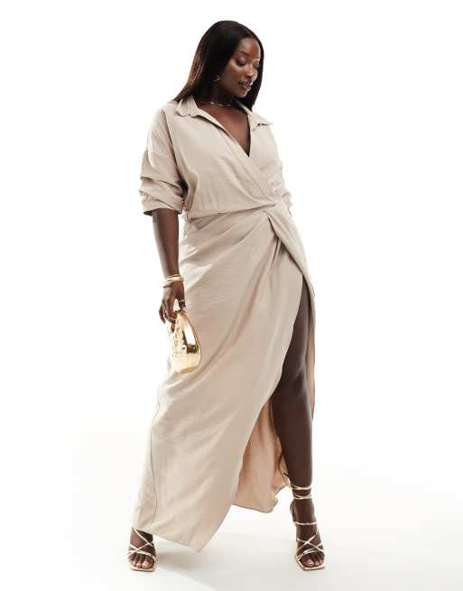 ASOS DESIGN Curve - Vestito lungo color tortora slavato con colletto e intreccio in vita