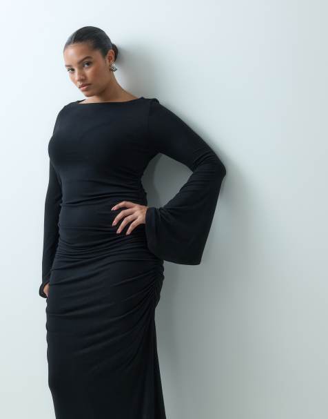 ASOS DESIGN Curve vestito lungo con maniche a cascata e arricciature nero - view 1