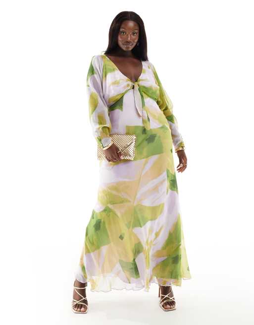 ASOS DESIGN Curve - Vestito lungo con scollo profondo lilla e verde con stampa astratta e laccetti sul davanti