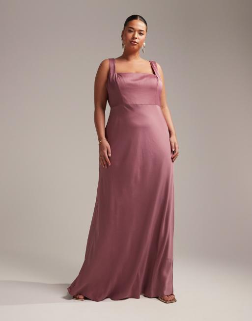 ASOS DESIGN Curve - Vestito lungo da damigella con scollo squadrato in raso color orchidea 