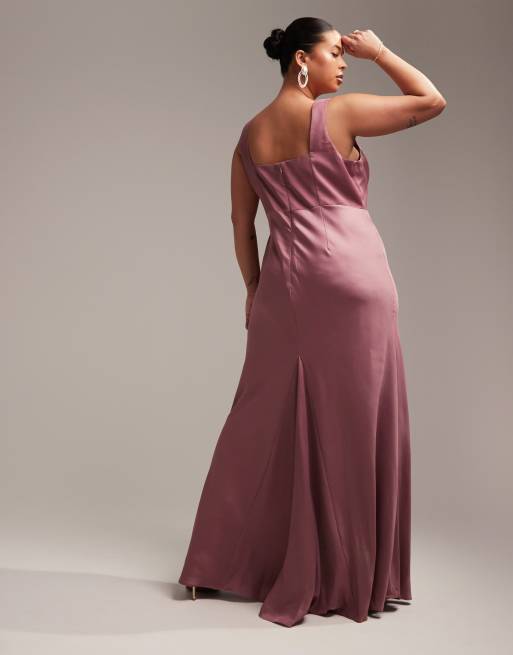 ASOS DESIGN Curve - Vestito lungo da damigella con scollo squadrato in raso color orchidea , 3 di 5
