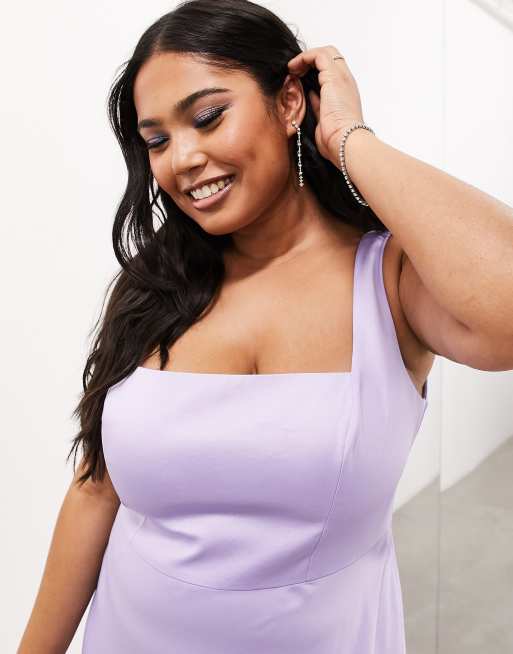 ASOS DESIGN Curve - Vestito lungo da damigella in raso lilla con scollo squadrato, 2 di 4
