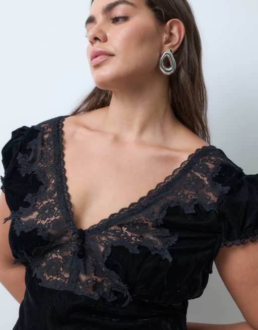 ASOS DESIGN Curve vestito lungo da giorno in velluto con pizzo nero, 3 di 5