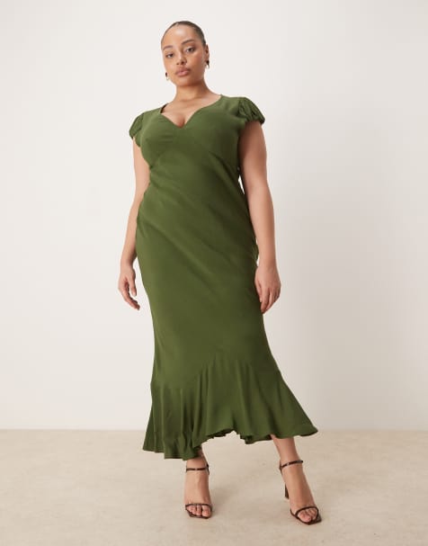 ASOS DESIGN Curve - Vestito lungo da giorno verde con maniche a sbuffo e scollo a V - view 1