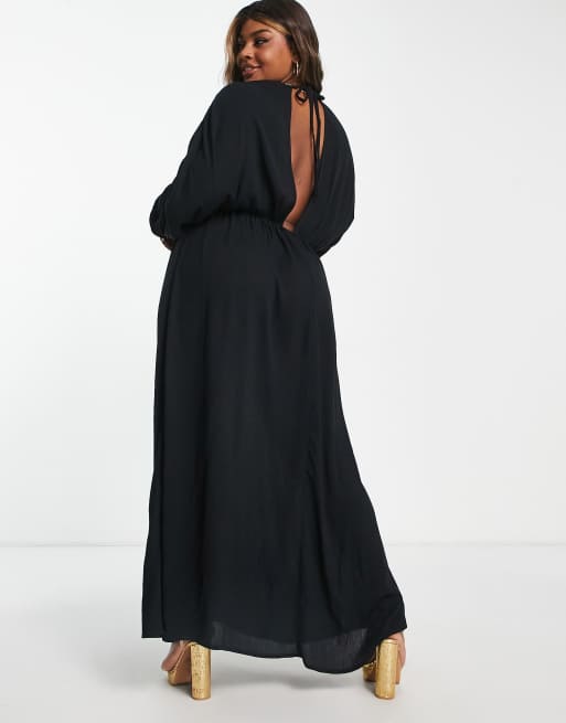 ASOS DESIGN Curve - Vestito lungo da mare a maniche lunghe nero arricciato con scollo profondo , 3 di 4