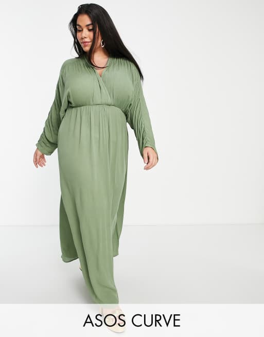ASOS DESIGN Curve - Vestito lungo da spiaggia con scollo profondo sul davanti kaki