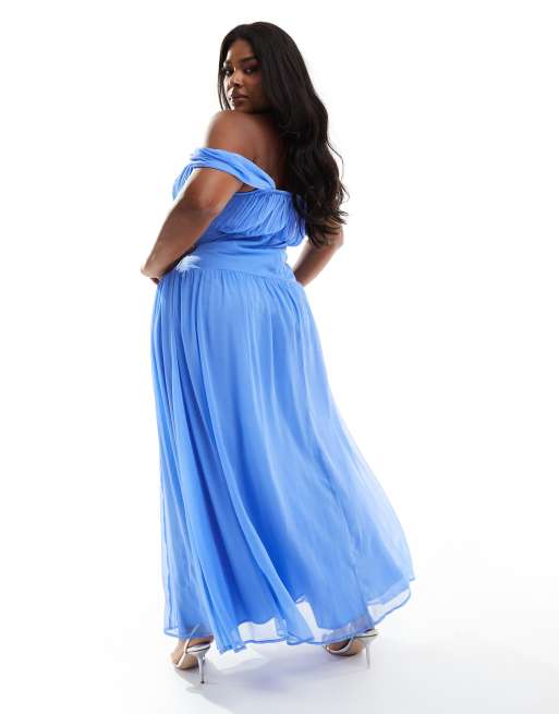 ASOS DESIGN Curve - Vestito lungo drappeggiato blu fiordaliso con spalle scoperte e vita scesa, 2 di 4
