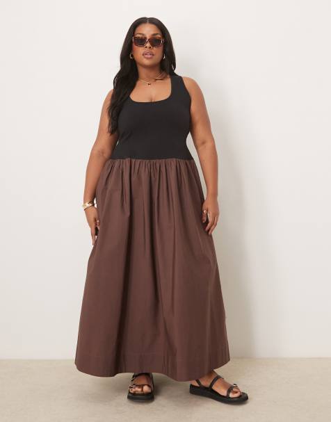ASOS DESIGN Curve - Vestito lungo ibrido con scollo rotondo color cioccolato - view 1