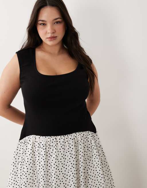 ASOS DESIGN Curve - Vestito lungo ibrido senza maniche a pois monocromatici con scollo rotondo, 2 di 4