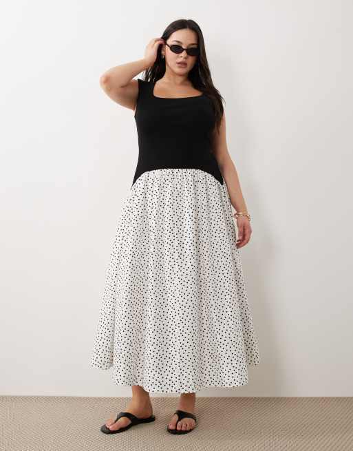 ASOS DESIGN Curve - Vestito lungo ibrido senza maniche a pois monocromatici con scollo rotondo, 3 di 4