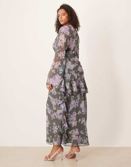 ASOS DESIGN Curve - Vestito lungo in chiffon blu a fiori con maniche lunghe e bordi con volant, 3 di 4