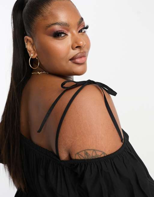 ASOS DESIGN Curve - Vestito lungo in cotone nero con spalle scoperte e arricciatura sul busto, 3 di 4