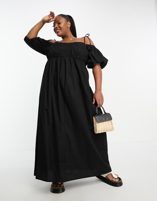 ASOS DESIGN Curve - Vestito lungo in cotone nero con spalle scoperte e arricciatura sul busto, 4 di 4
