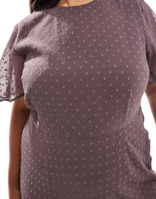 ASOS DESIGN Curve - Vestito lungo in plumetis color malva con maniche a pipistrello e volant a balze, 3 di 4