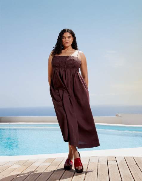 ASOS DESIGN Curve - Vestito lungo in rasatello di cotone color cioccolato con bustino arricciato - view 1