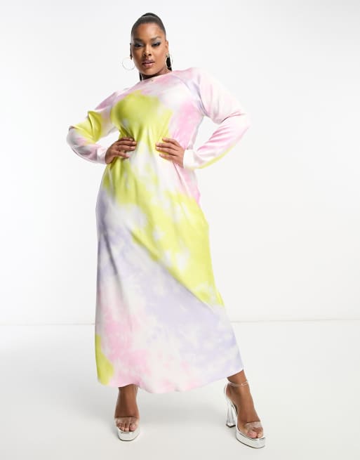 ASOS DESIGN Curve - Vestito lungo in raso con stampa effetto marmo e taglio sbieco