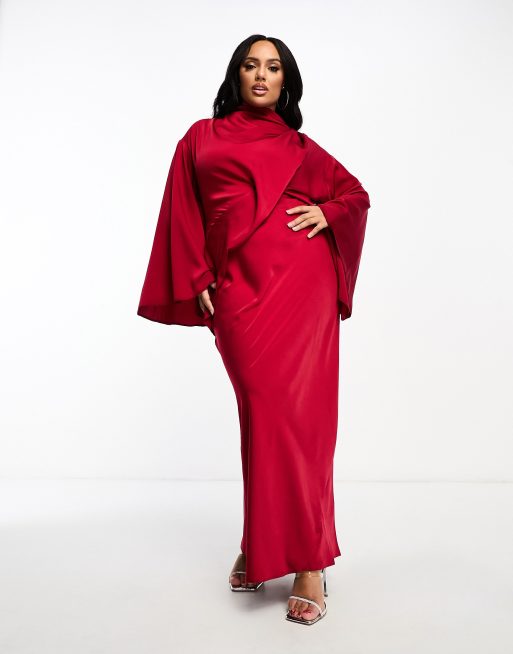 ASOS DESIGN Curve - Vestito lungo in raso rosso a portafoglio con corpetto drappeggiato e maniche a kimono
