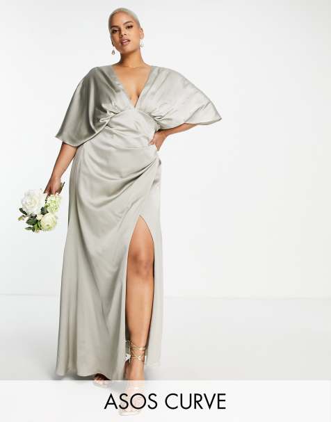 ASOS DESIGN Curve - Vestito lungo in raso verde salvia con gonna drappeggiata e maniche stile kimono - view 1