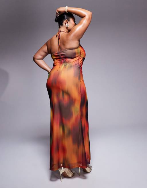 ASOS DESIGN Curve - Vestito lungo in rete con stampa vivace astratta e bustino incrociato, 3 di 4