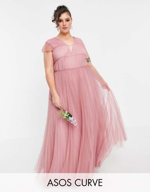 ASOS DESIGN Curve - Vestito lungo in tulle con scollo profondo e maniche arricciate, colore rosa