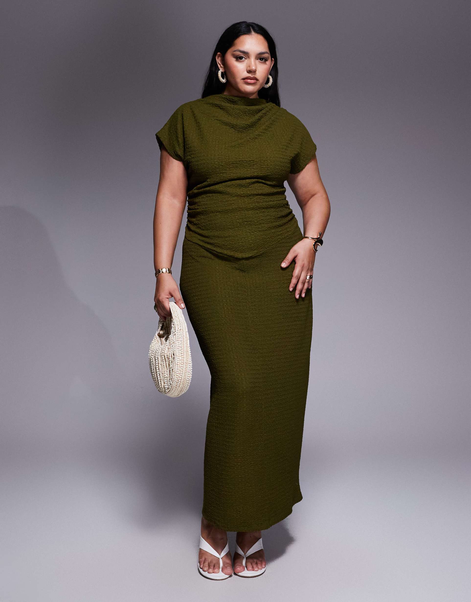 ASOS DESIGN Curve - Vestito lungo kaki con spalle scese