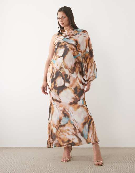 ASOS DESIGN Curve - Vestito lungo marrone e blu con stampa astratta, taglio sbieco e manica drappeggiata