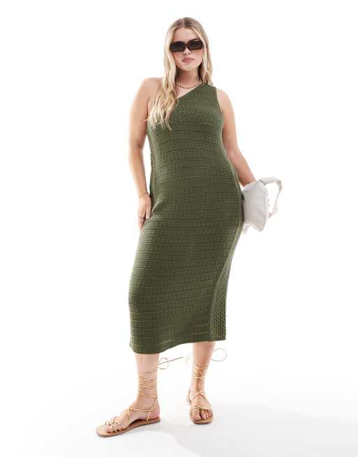 ASOS DESIGN Curve - Vestito lungo monospalla in maglia all'uncinetto kaki, 4 di 4