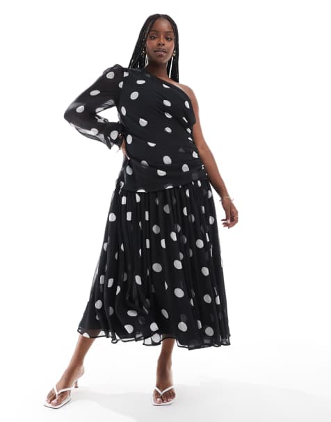 ASOS DESIGN Curve - Vestito lungo monospalla nero con manica lunga a palloncino e stampa a pois bianchi - view 1