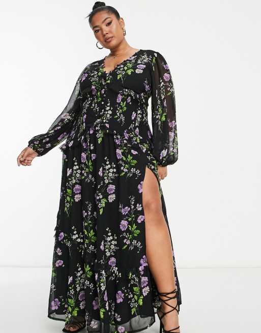 ASOS DESIGN Curve - Vestito lungo nero a fiori con bottoni e pinces, 4 di 4