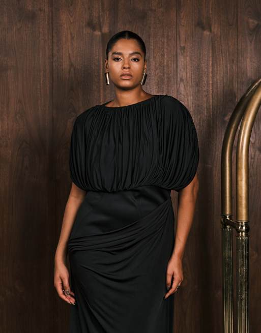 ASOS DESIGN Curve - Vestito lungo nero con spalle strutturate e corsetto a vista, 3 di 4
